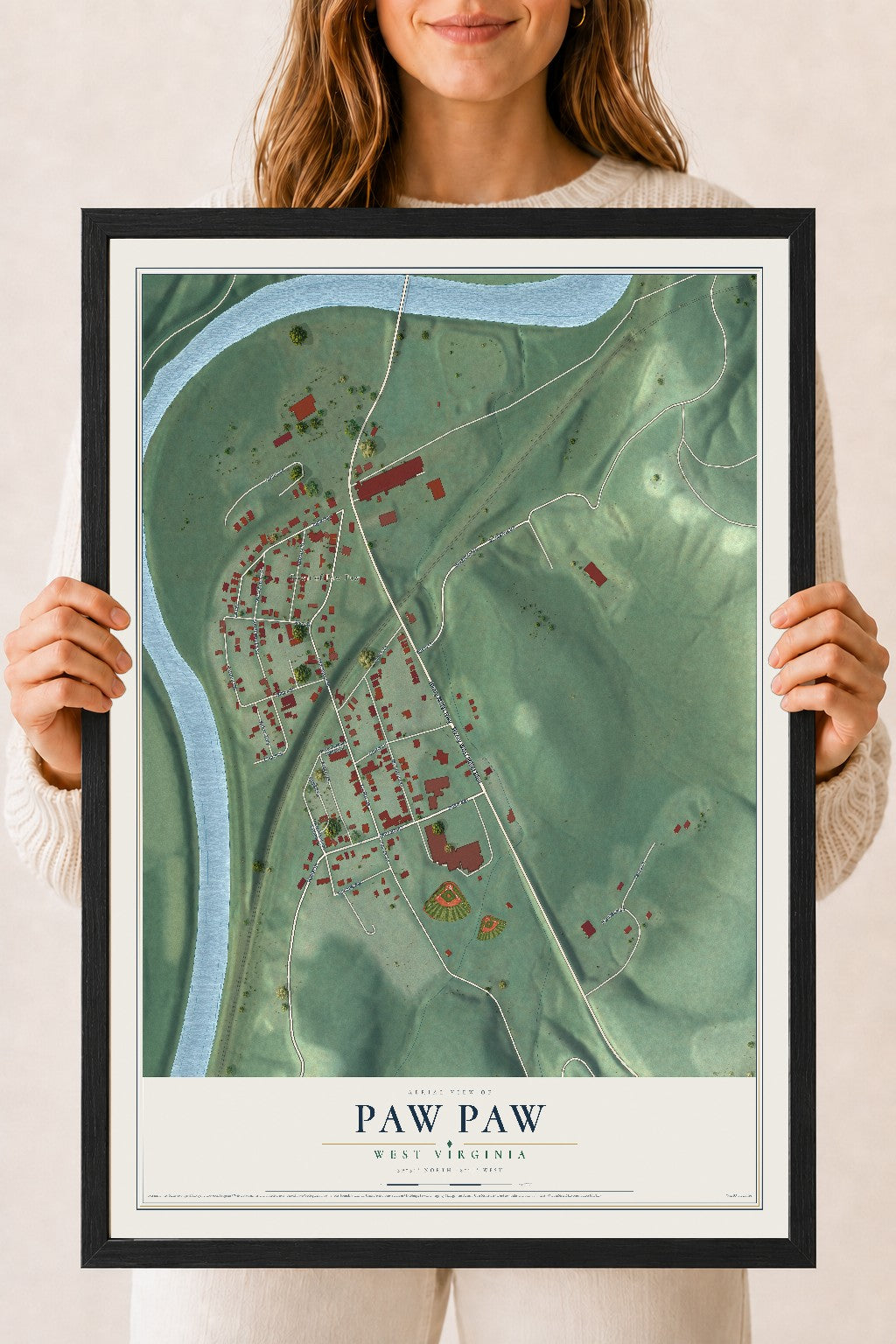 Map of Paw Paw, West Virginia, 18 x 24 inch print in a black wood frame