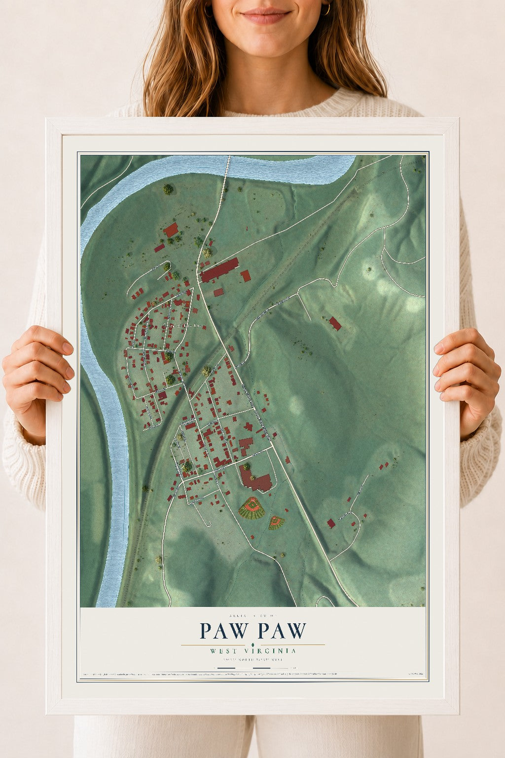 Map of Paw Paw, West Virginia, 18 x 24 inch print in a white wood frame
