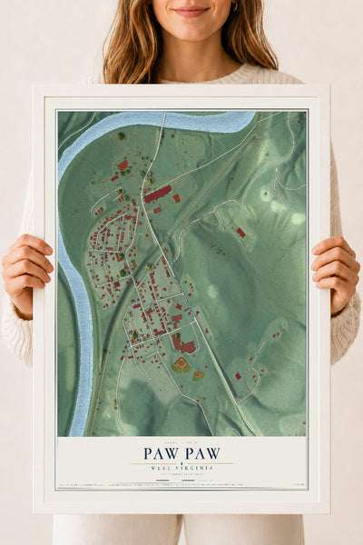 Map of Paw Paw, West Virginia, 18 x 24 inch print in a white wood frame
