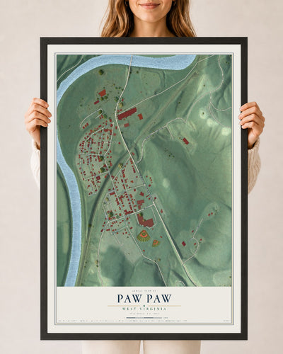 Map of Paw Paw, West Virginia, 24 x 36 inch print in a black wood frame