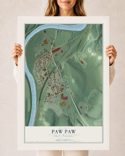 Map of Paw Paw, West Virginia, 24 x 36 inch print in a white wood frame