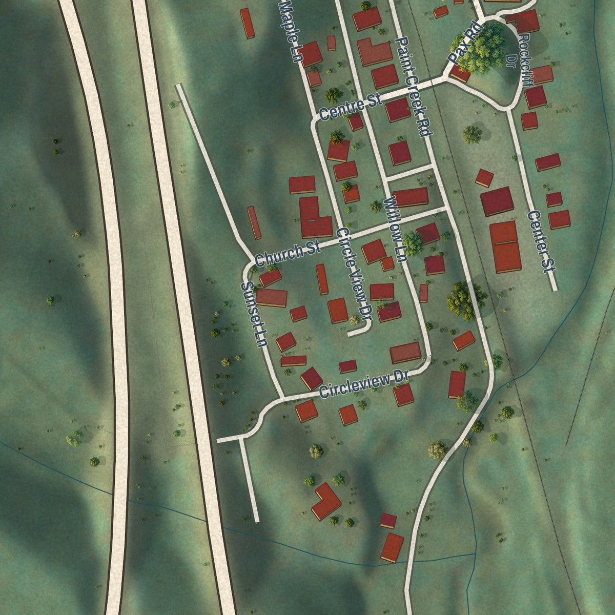 Close-up of the map of Pax, West Virginia print showing street and building detail