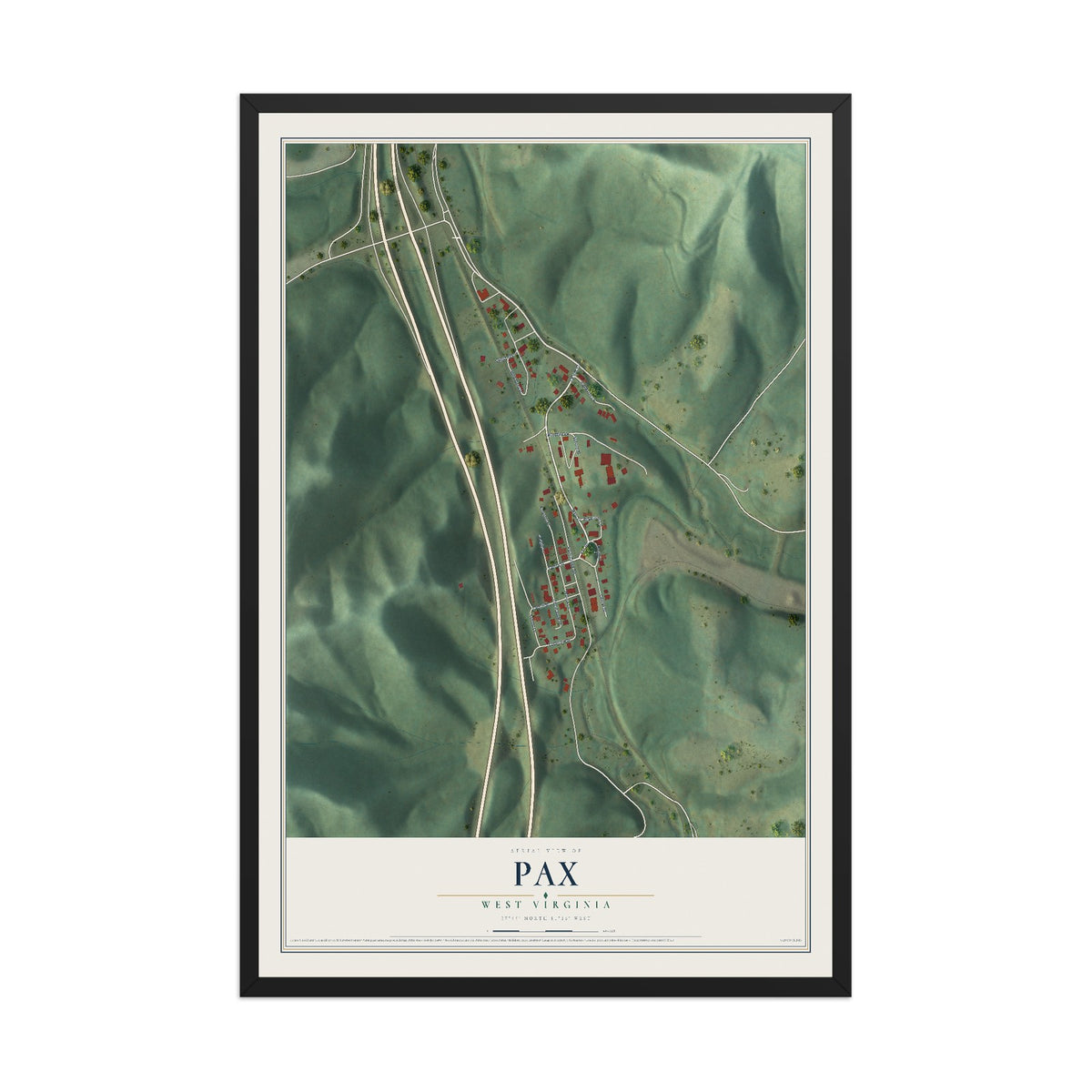 Map of Pax, West Virginia, 12 x 18 inch print in a black wood frame