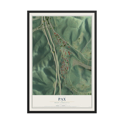 Map of Pax, West Virginia, 12 x 18 inch print in a black wood frame