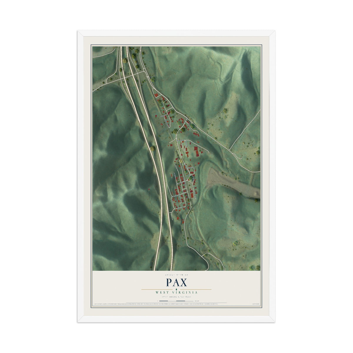 Map of Pax, West Virginia, 12 x 18 inch print in a white wood frame