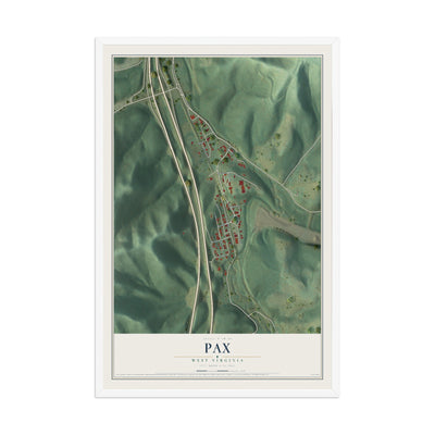 Map of Pax, West Virginia, 12 x 18 inch print in a white wood frame