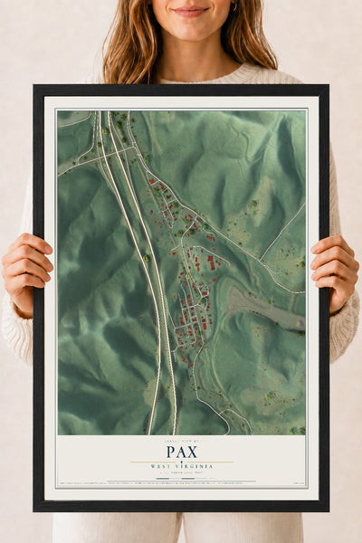 Map of Pax, West Virginia, 18 x 24 inch print in a black wood frame