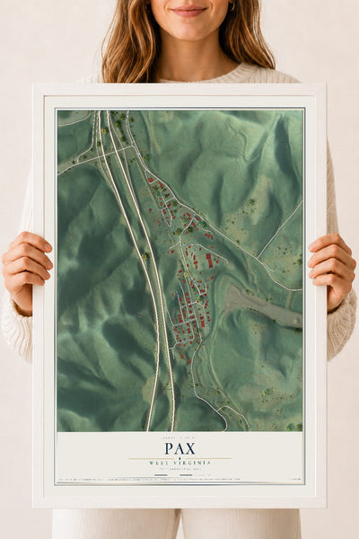 Map of Pax, West Virginia, 18 x 24 inch print in a white wood frame