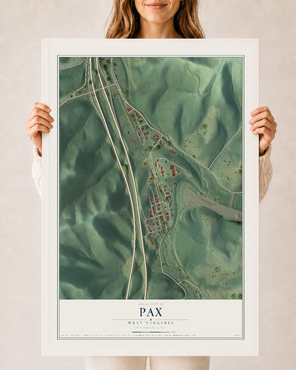 Map of Pax, West Virginia, 24 x 36 inch print in a white wood frame