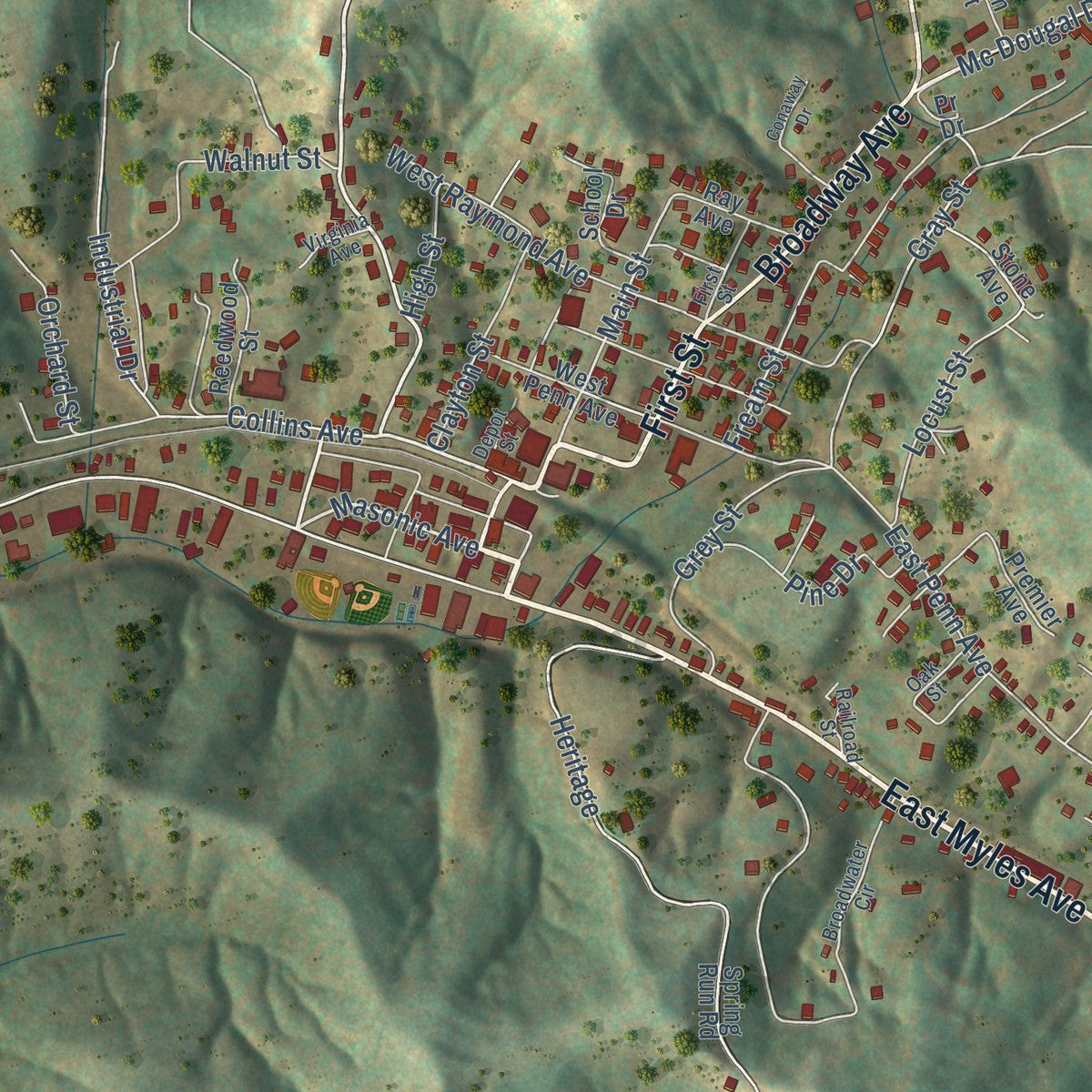 Close-up of the map of Pennsboro, West Virginia print showing street and building detail