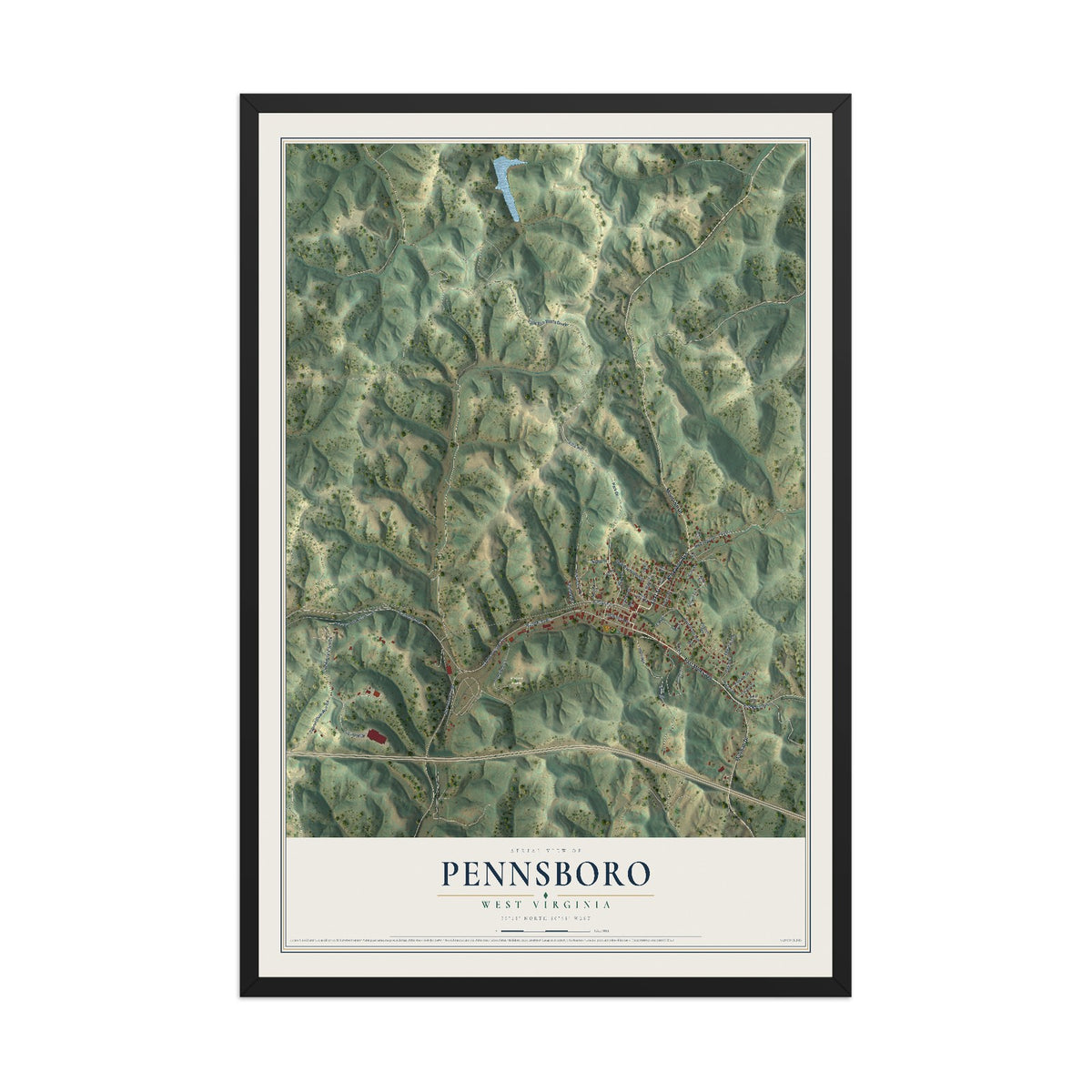 Map of Pennsboro, West Virginia, 12 x 18 inch print in a black wood frame