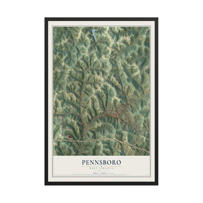 Map of Pennsboro, West Virginia, 12 x 18 inch print in a black wood frame