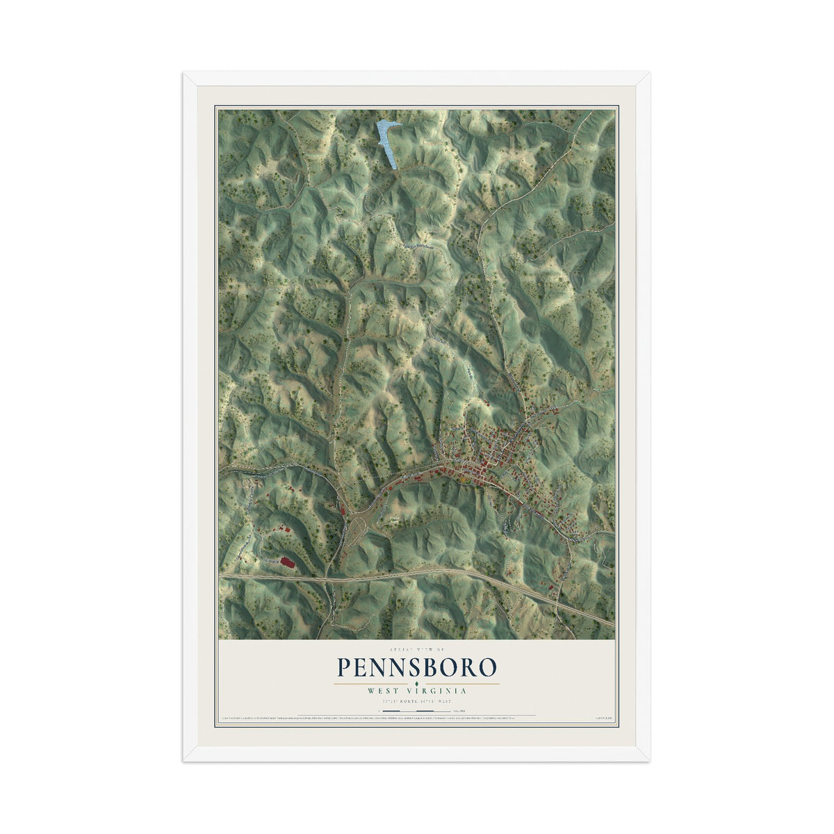 Map of Pennsboro, West Virginia, 12 x 18 inch print in a white wood frame