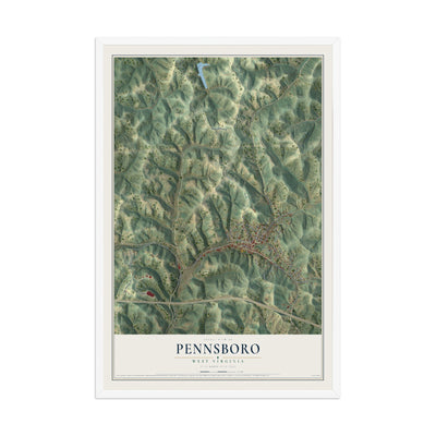 Map of Pennsboro, West Virginia, 12 x 18 inch print in a white wood frame