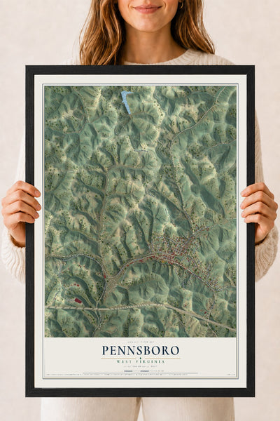Map of Pennsboro, West Virginia, 18 x 24 inch print in a black wood frame