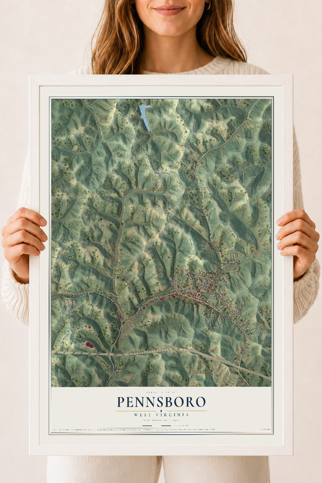 Map of Pennsboro, West Virginia, 18 x 24 inch print in a white wood frame