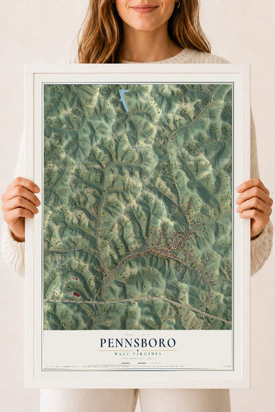 Map of Pennsboro, West Virginia, 18 x 24 inch print in a white wood frame