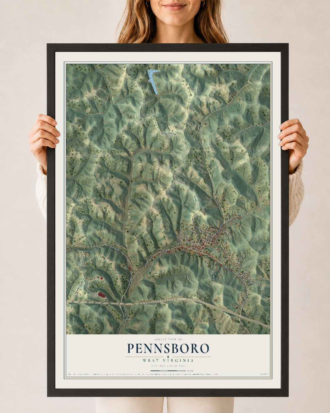 Map of Pennsboro, West Virginia, 24 x 36 inch print in a black wood frame