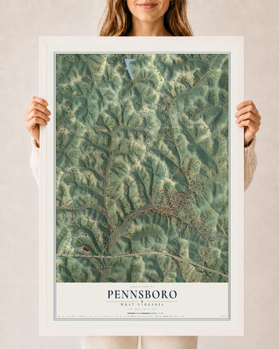 Map of Pennsboro, West Virginia, 24 x 36 inch print in a white wood frame