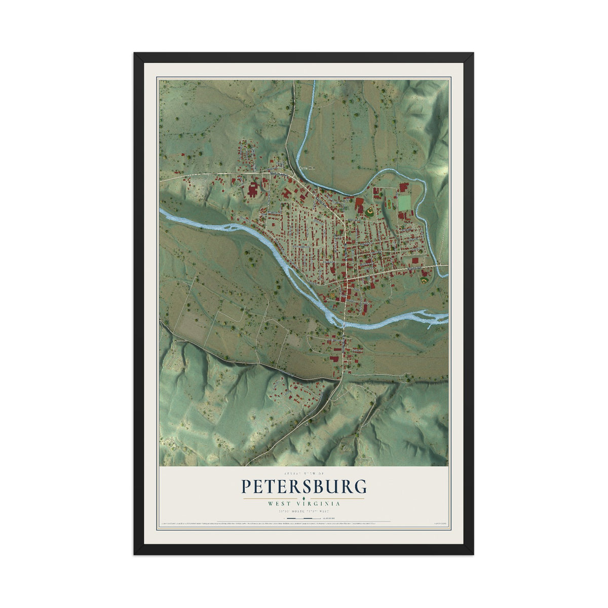 Map of Petersburg, West Virginia, 12 x 18 inch print in a black wood frame