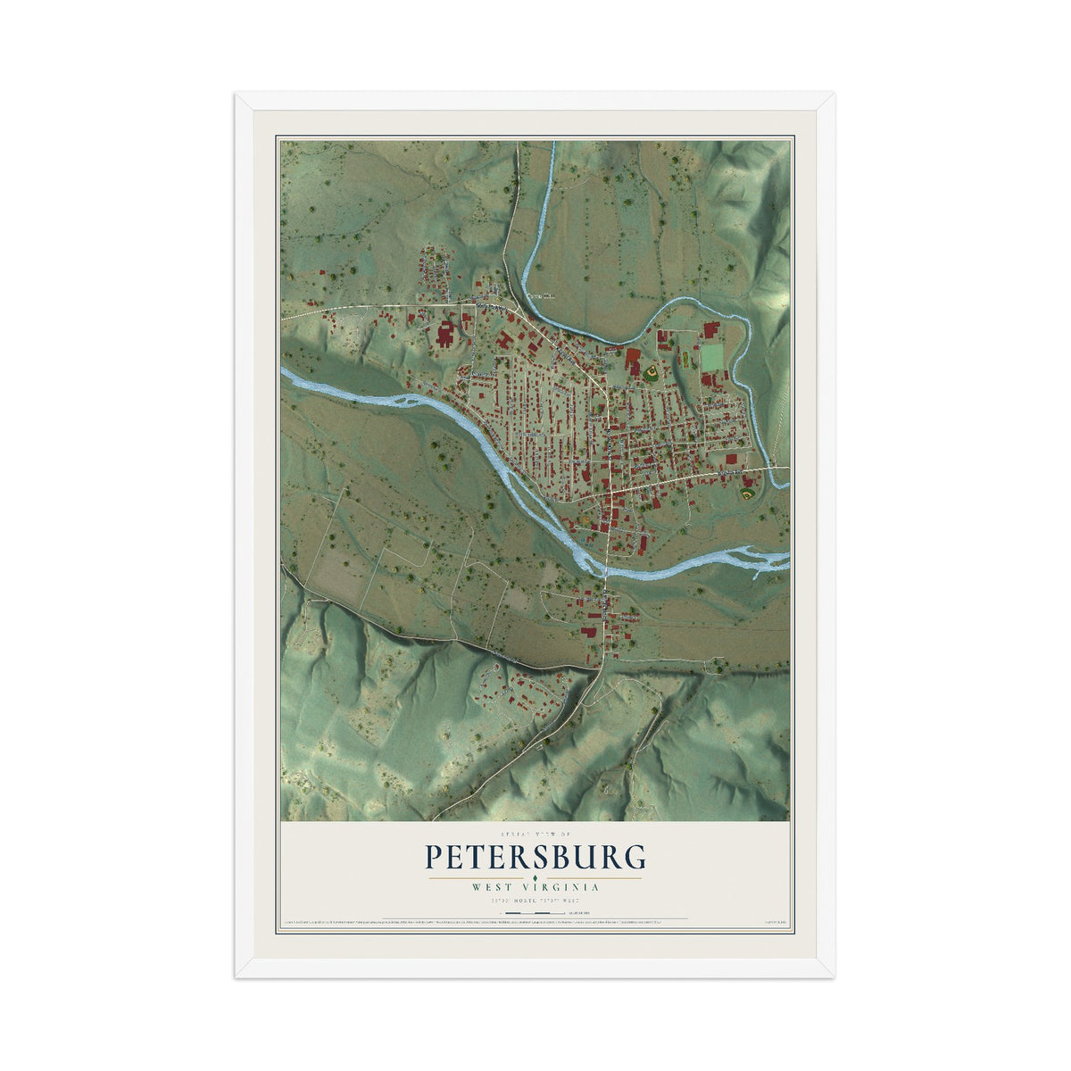 Map of Petersburg, West Virginia, 12 x 18 inch print in a white wood frame