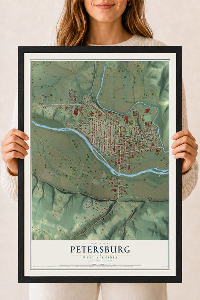 Map of Petersburg, West Virginia, 18 x 24 inch print in a black wood frame