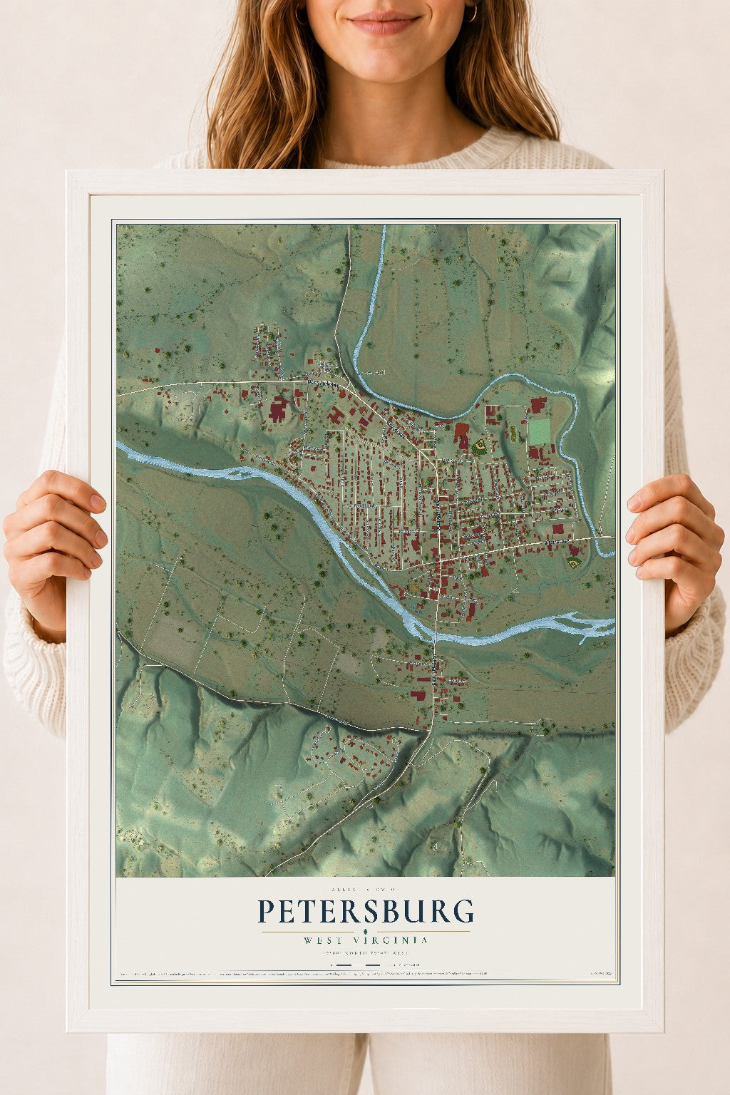 Map of Petersburg, West Virginia, 18 x 24 inch print in a white wood frame