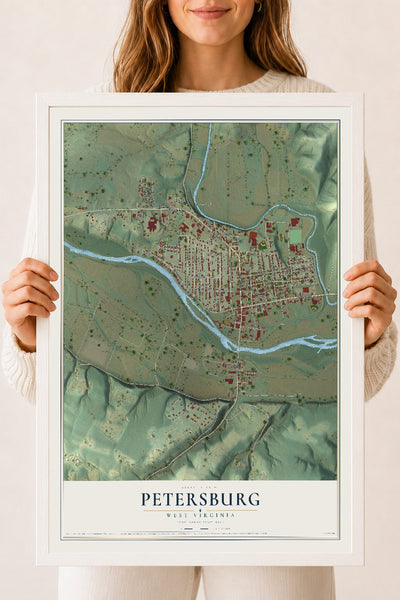 Map of Petersburg, West Virginia, 18 x 24 inch print in a white wood frame