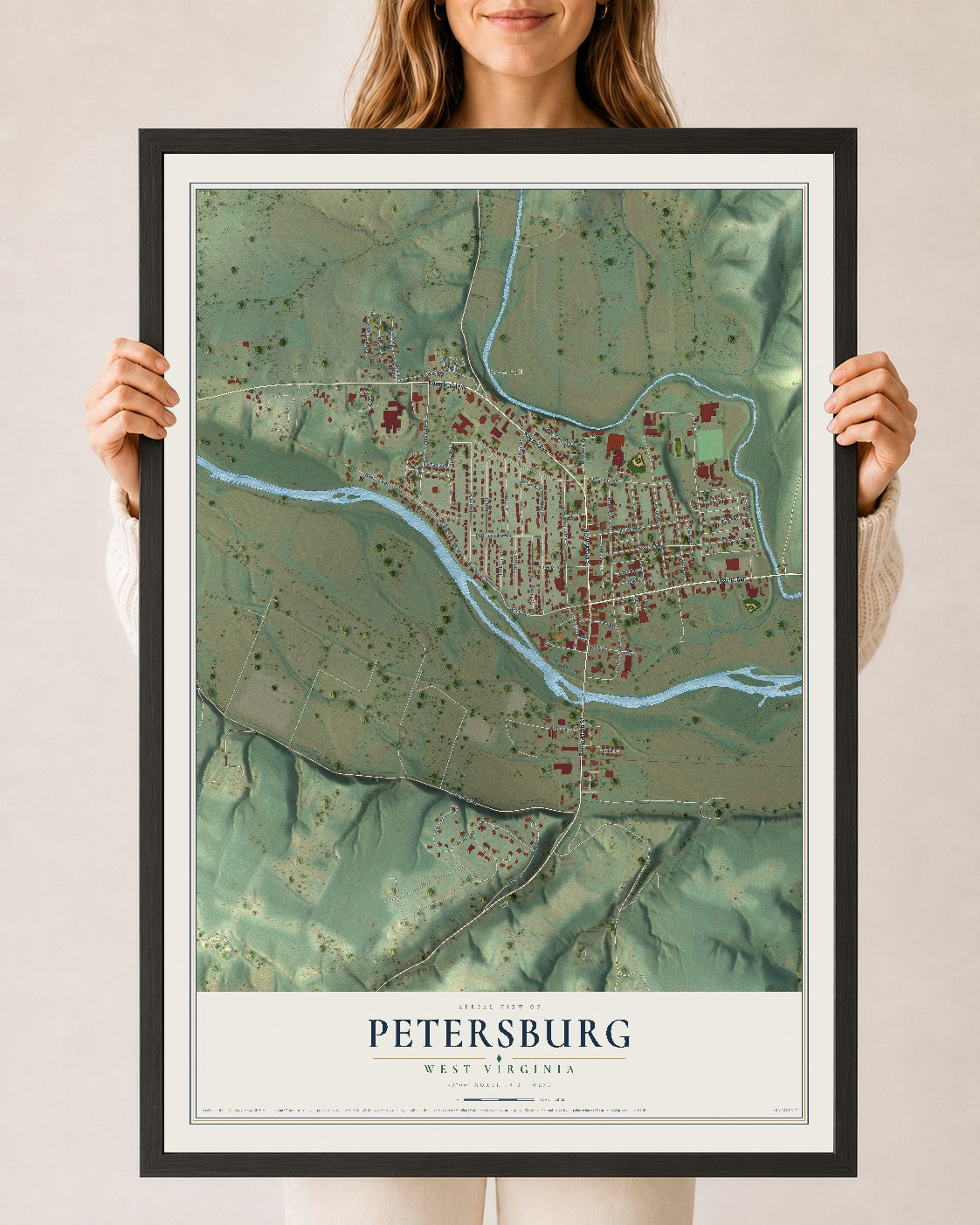 Map of Petersburg, West Virginia, 24 x 36 inch print in a black wood frame