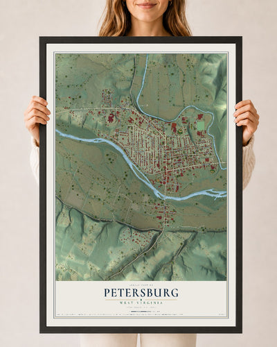 Map of Petersburg, West Virginia, 24 x 36 inch print in a black wood frame