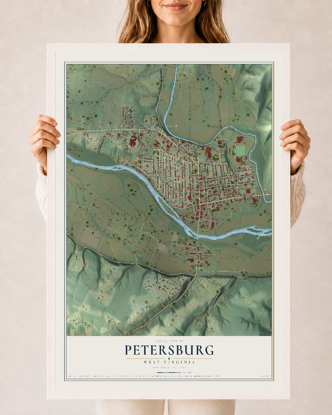 Map of Petersburg, West Virginia, 24 x 36 inch print in a white wood frame