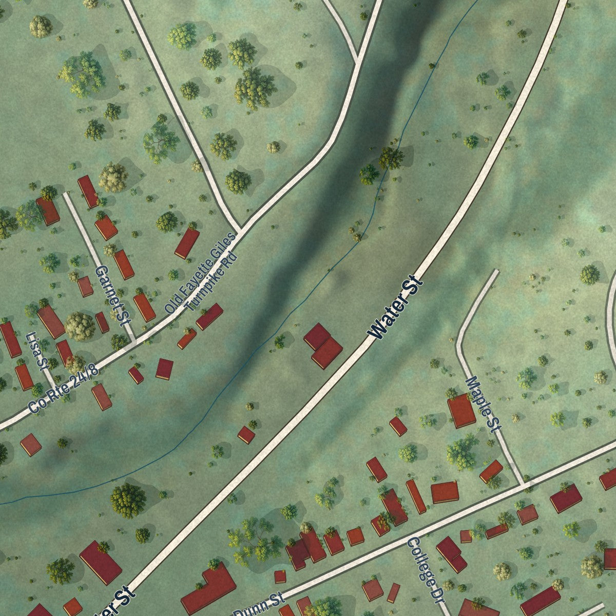 Second close-up of the map of Peterstown, West Virginia print showing more streets and buildings