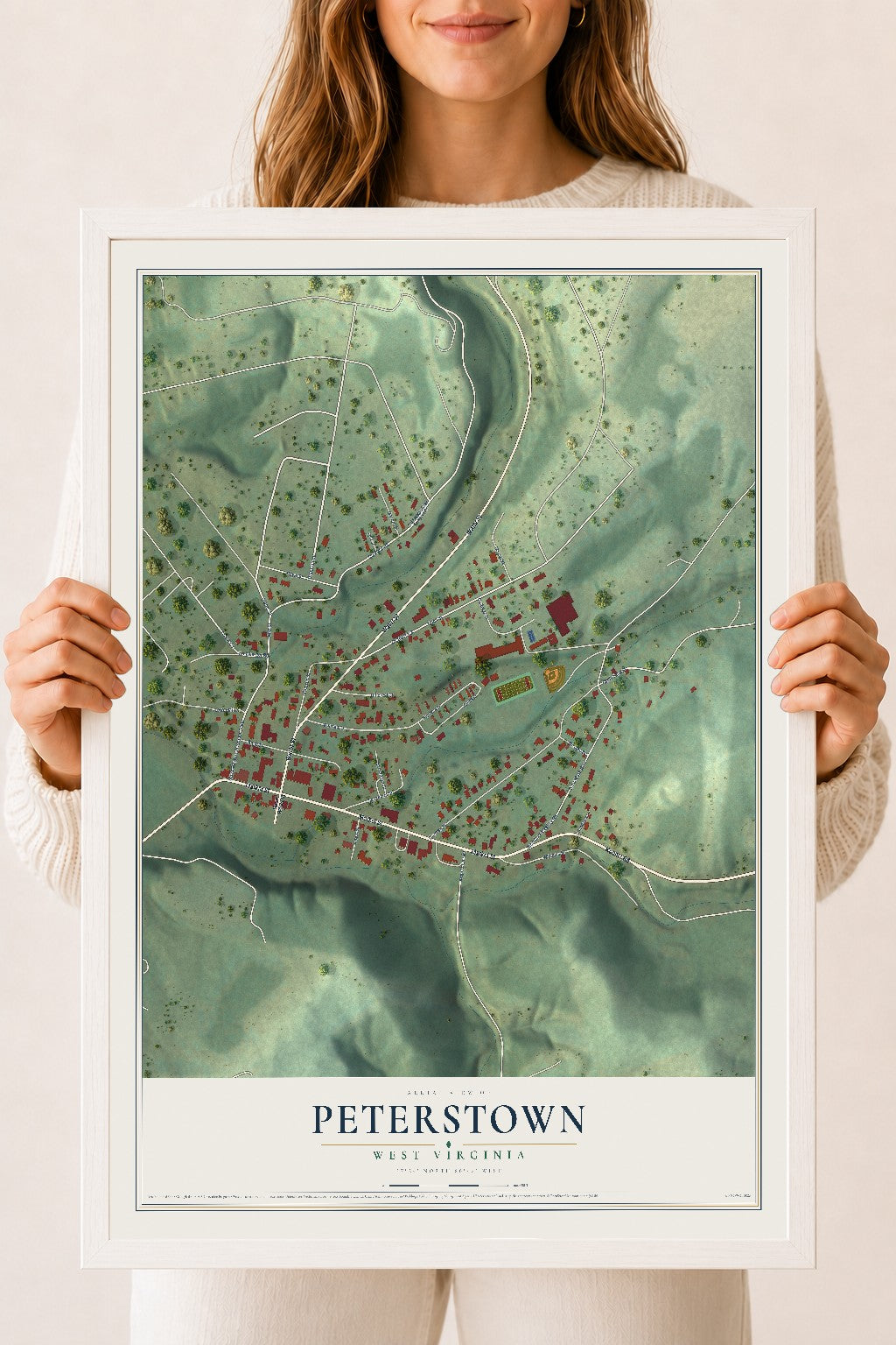 Map of Peterstown, West Virginia, 18 x 24 inch print in a white wood frame