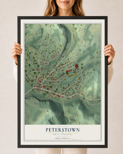 Map of Peterstown, West Virginia, 24 x 36 inch print in a black wood frame