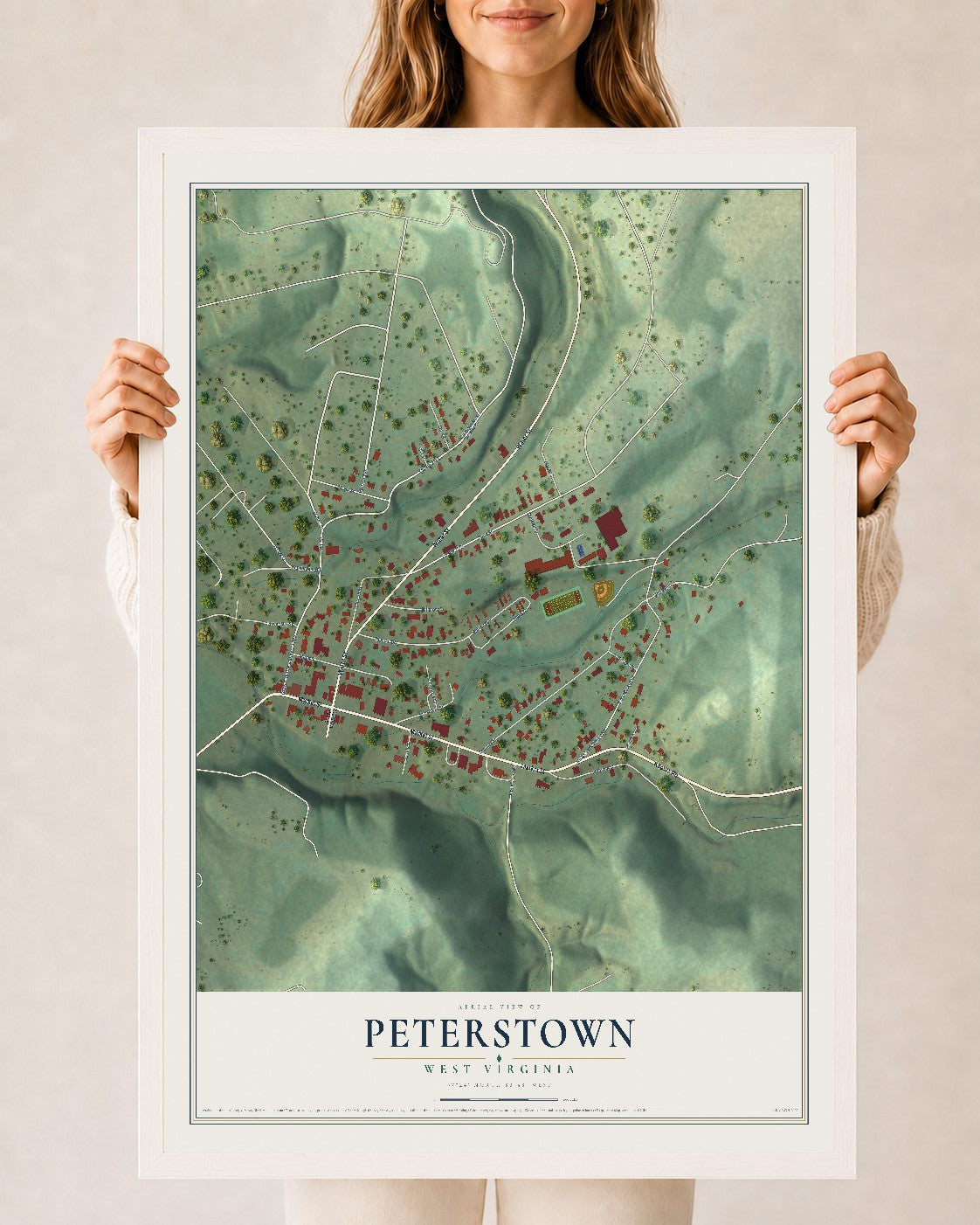 Map of Peterstown, West Virginia, 24 x 36 inch print in a white wood frame