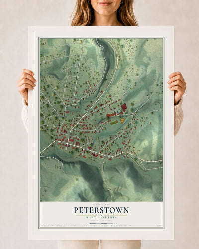 Map of Peterstown, West Virginia, 24 x 36 inch print in a white wood frame