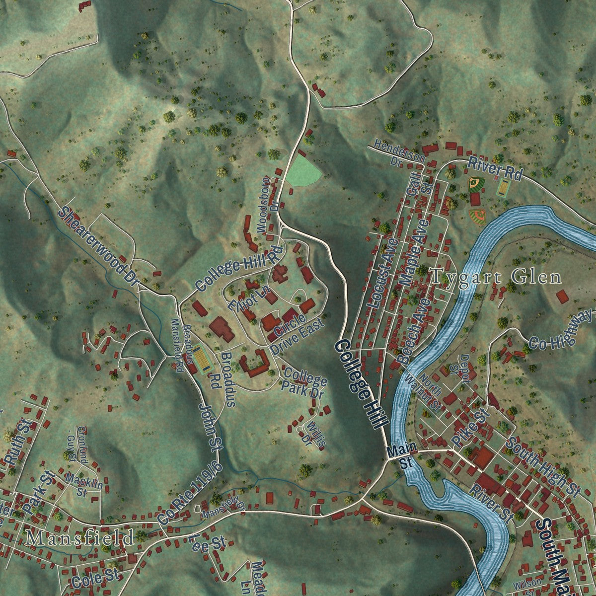 Close-up of the map of Philippi, West Virginia print showing street and building detail