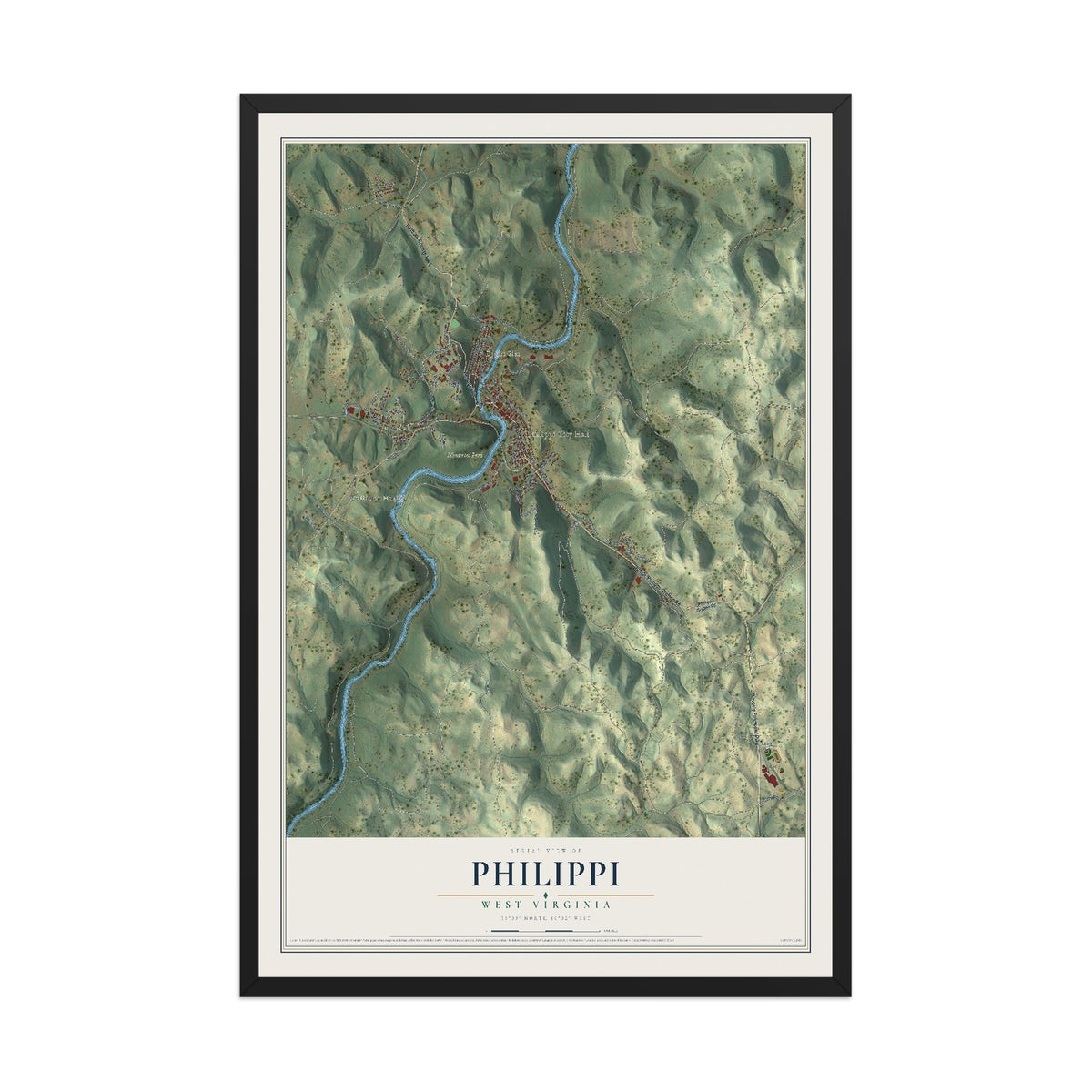 Map of Philippi, West Virginia, 12 x 18 inch print in a black wood frame
