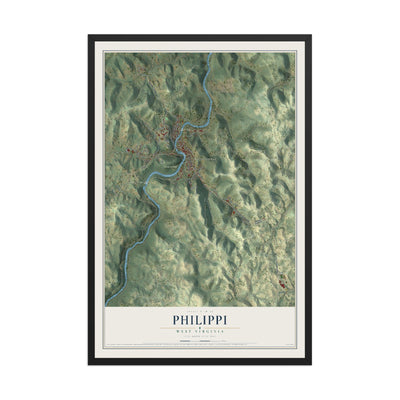 Map of Philippi, West Virginia, 12 x 18 inch print in a black wood frame