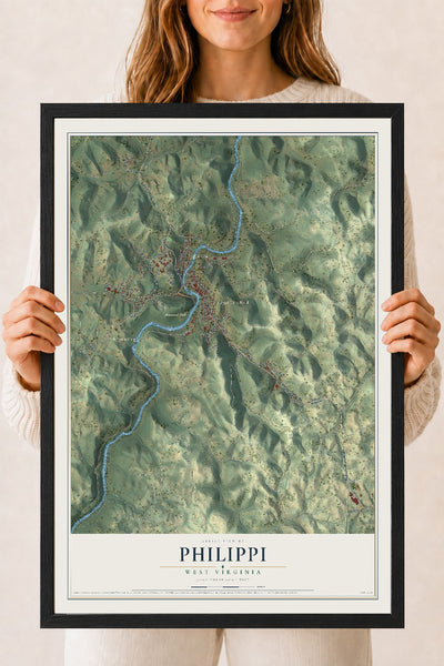 Map of Philippi, West Virginia, 18 x 24 inch print in a black wood frame