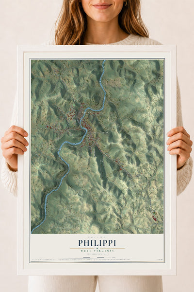 Map of Philippi, West Virginia, 18 x 24 inch print in a white wood frame