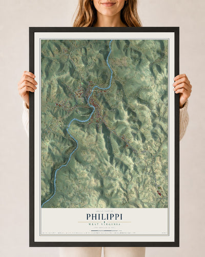 Map of Philippi, West Virginia, 24 x 36 inch print in a black wood frame