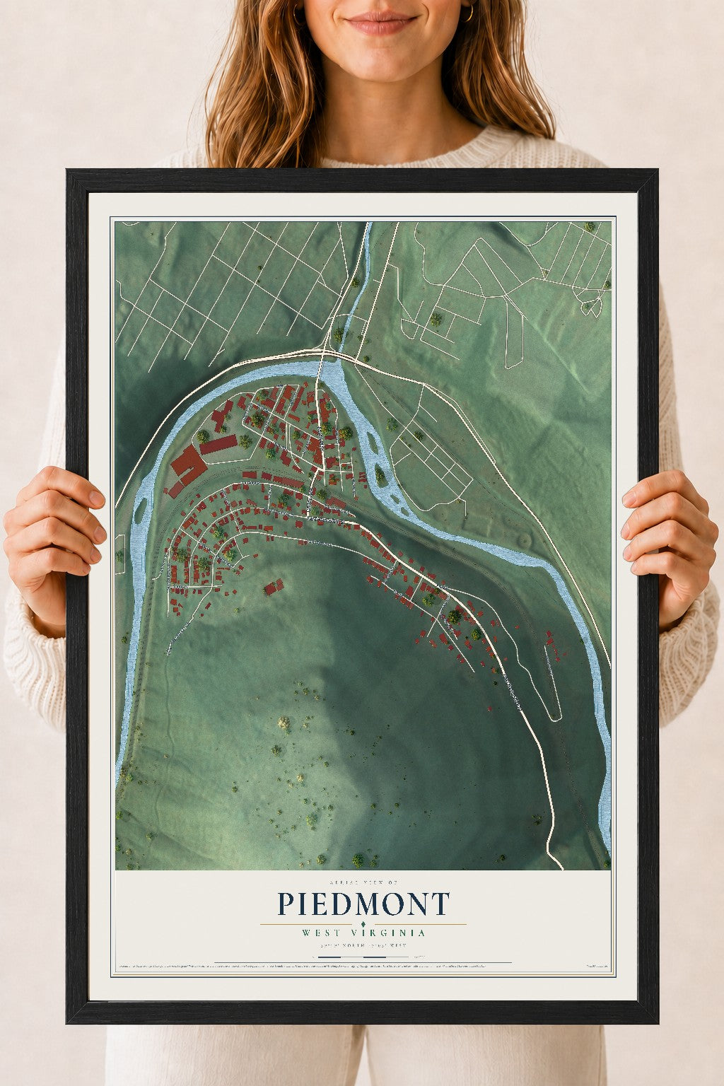 Map of Piedmont, West Virginia, 18 x 24 inch print in a black wood frame