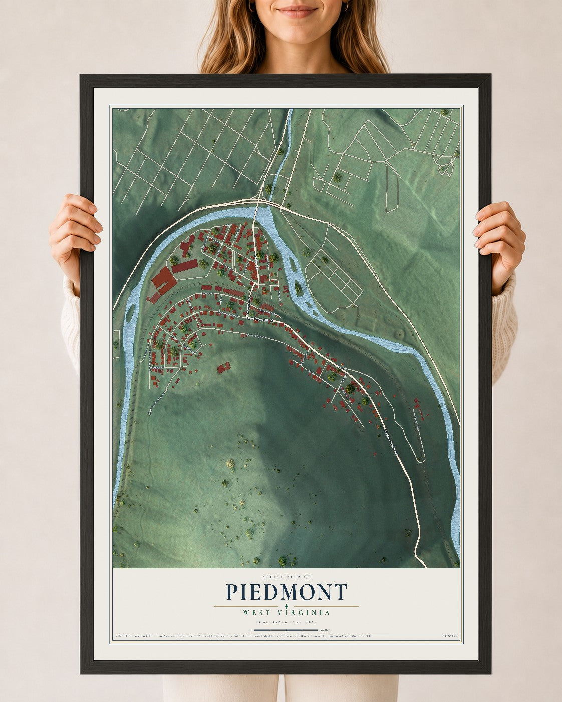 Map of Piedmont, West Virginia, 24 x 36 inch print in a black wood frame