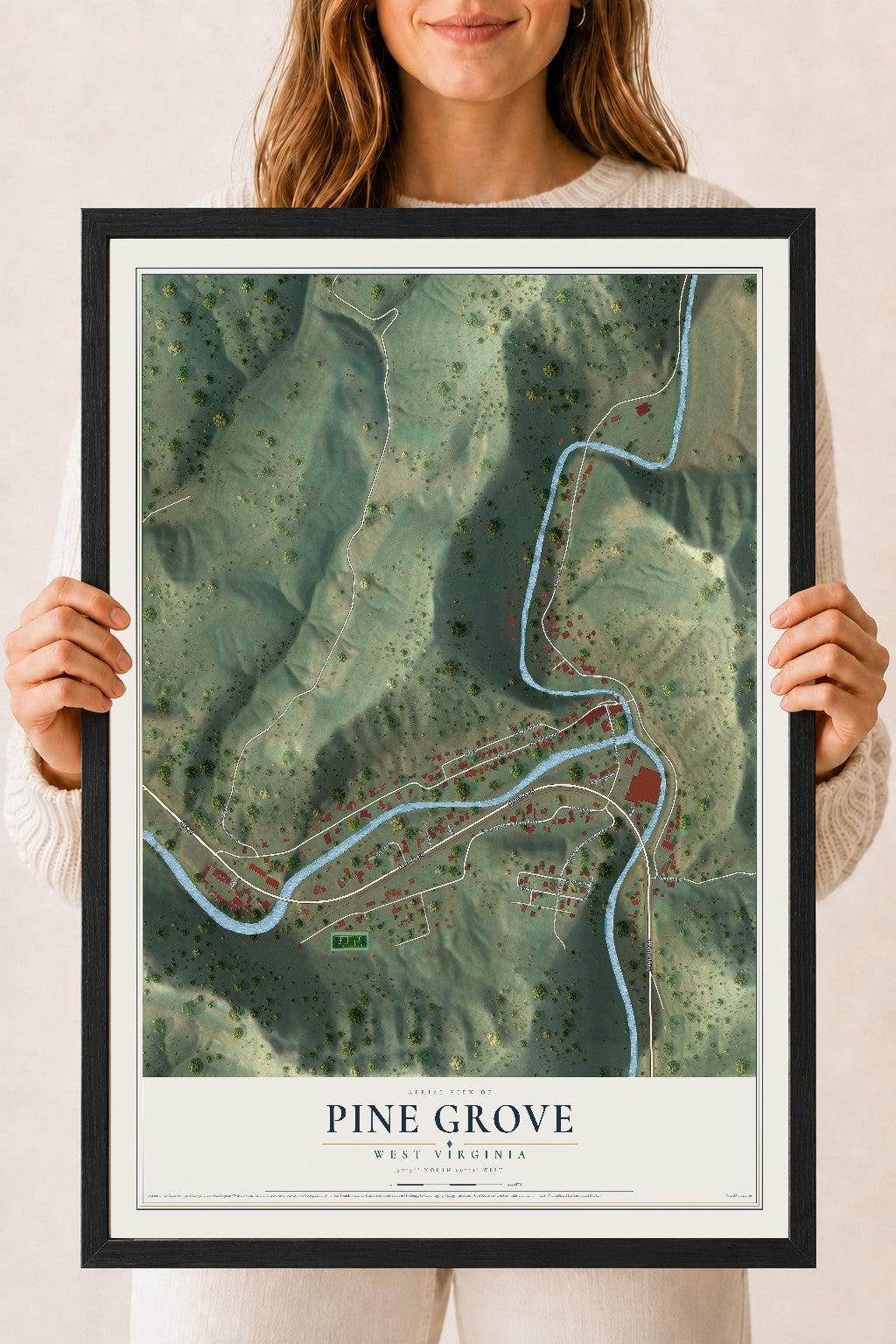Map of Pine Grove, West Virginia, 18 x 24 inch print in a black wood frame
