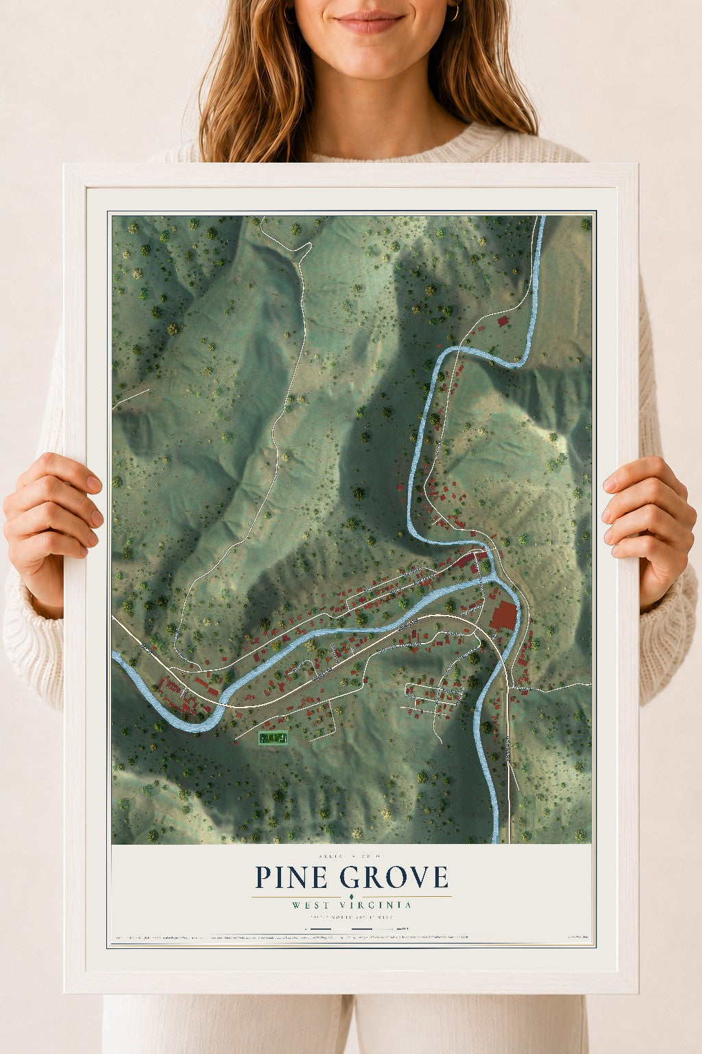 Map of Pine Grove, West Virginia, 18 x 24 inch print in a white wood frame