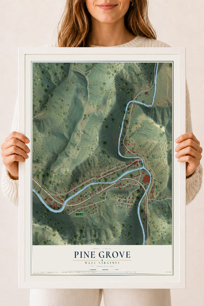 Map of Pine Grove, West Virginia, 18 x 24 inch print in a white wood frame