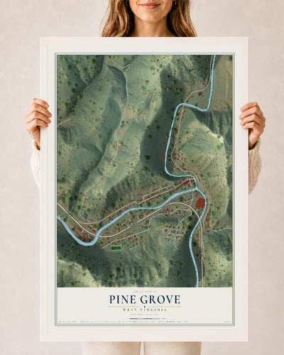 Map of Pine Grove, West Virginia, 24 x 36 inch print in a white wood frame