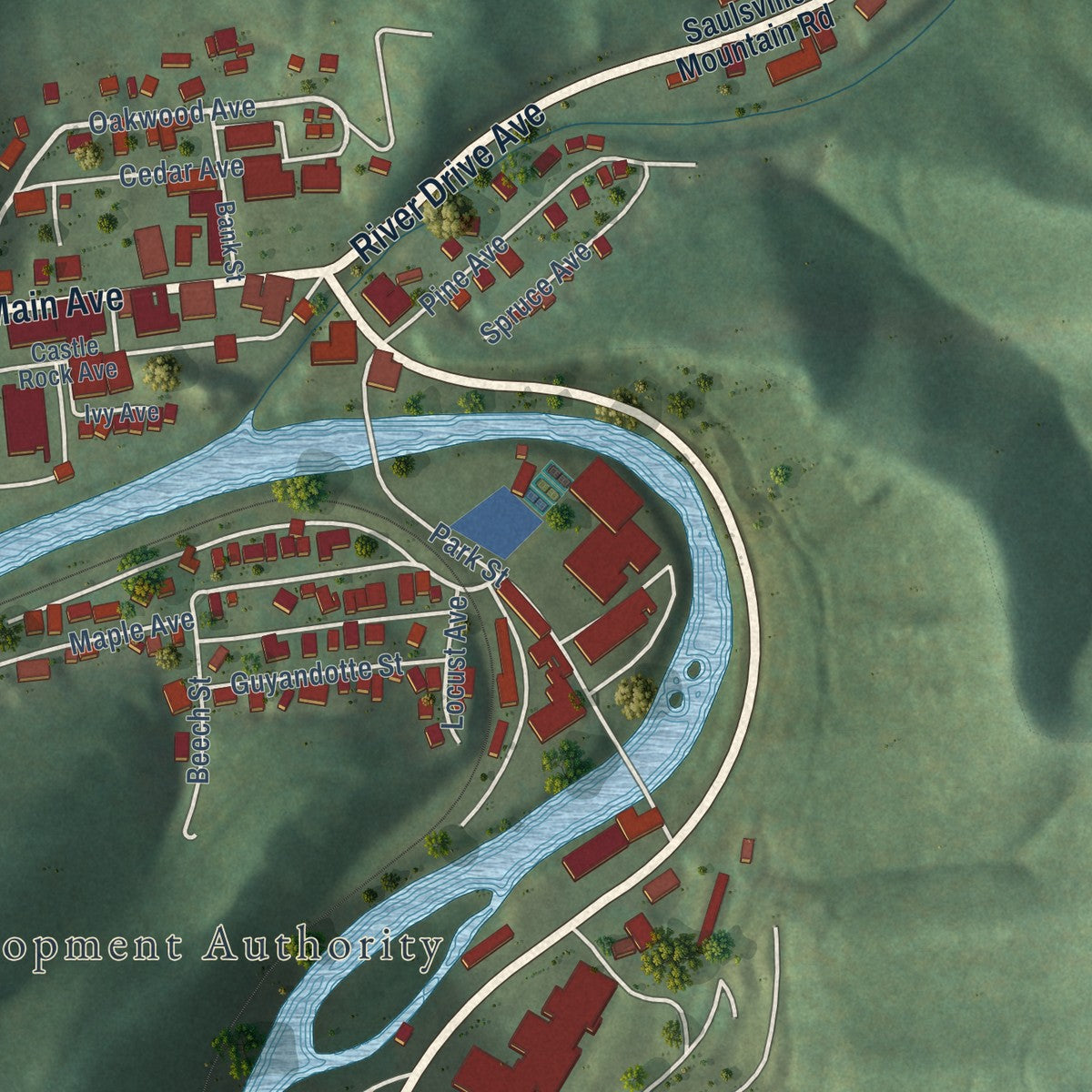 Close-up of the map of Pineville, West Virginia print showing street and building detail