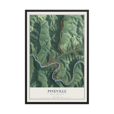 Map of Pineville, West Virginia, 12 x 18 inch print in a black wood frame